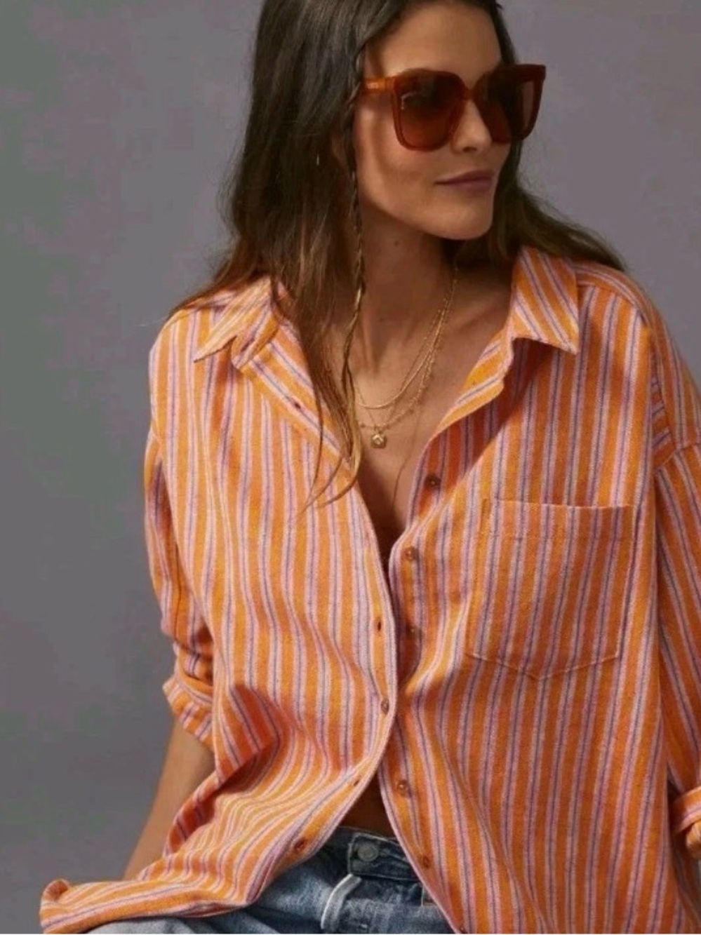 Pilcro Orange and White Striped Button-Down Shirt. S3